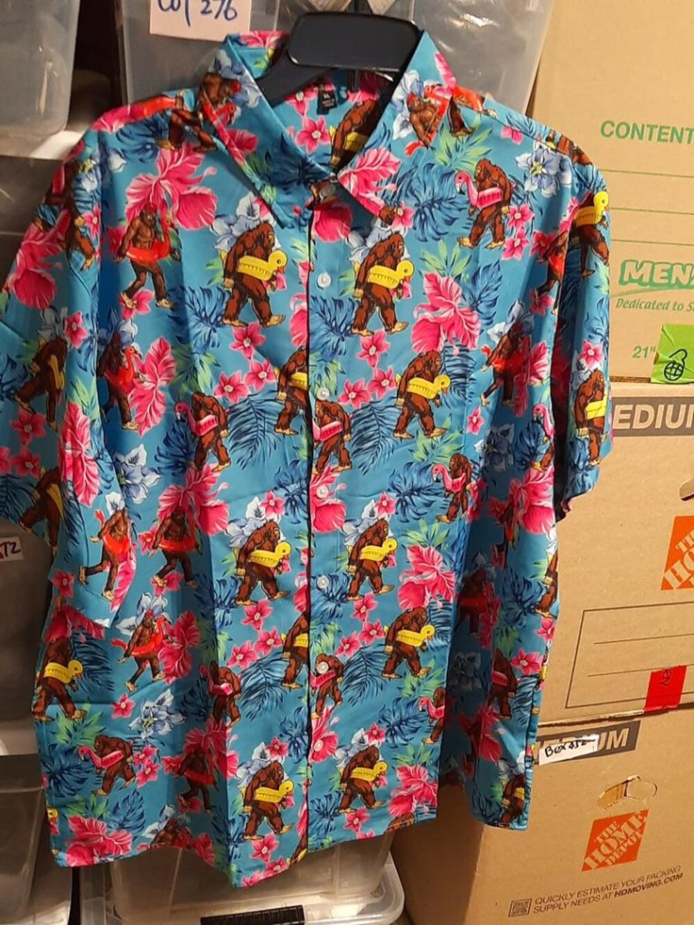 NEW ! Blue Hawaiian Shirt Bigfoot Hold Taco Floatie Tropical Pink Flower Size XL